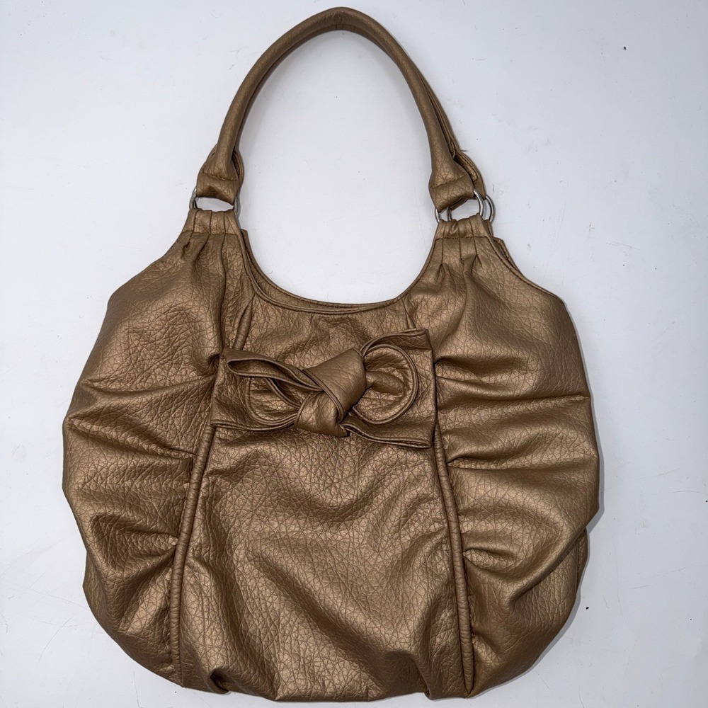 Metallic Bronze Bow Hobo Bag Y2K Coquette Glam Pleated Shimmer Indie‎ Sleaze